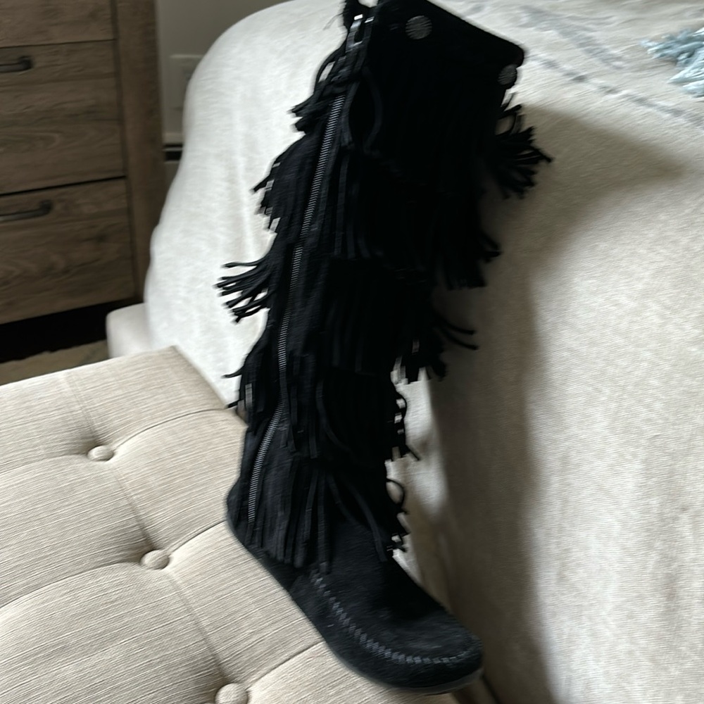 High moccasin Minnetonka boots black suede l
